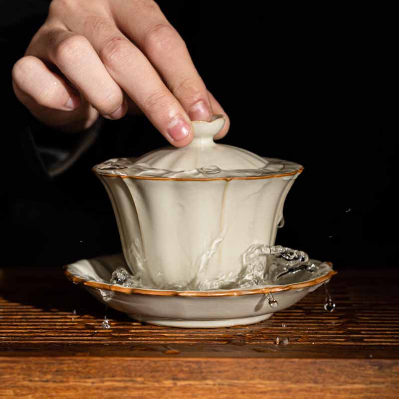 Buddha Stones, forma de flor de ciruelo Beige, rama de melocotón, taza de té de cerámica Gaiwan Sancai, taza de té de Kung Fu con tapa