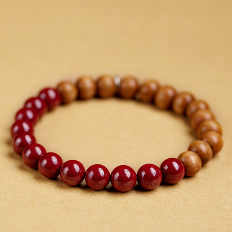 Pulsera de cinabrio de madera de melocotón de plata de ley 925 con Buddha Stones para protegerse de los malos espíritus