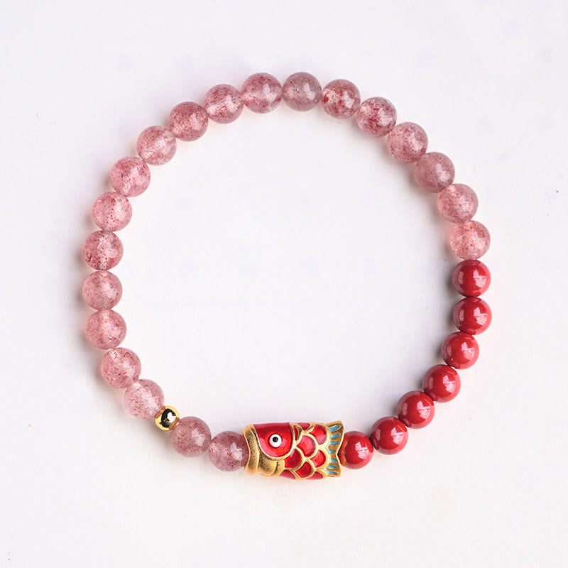 Pulsera curativa de peces Koi de la suerte, cinabrio, cuarzo fresa Natural, Buddha Stones
