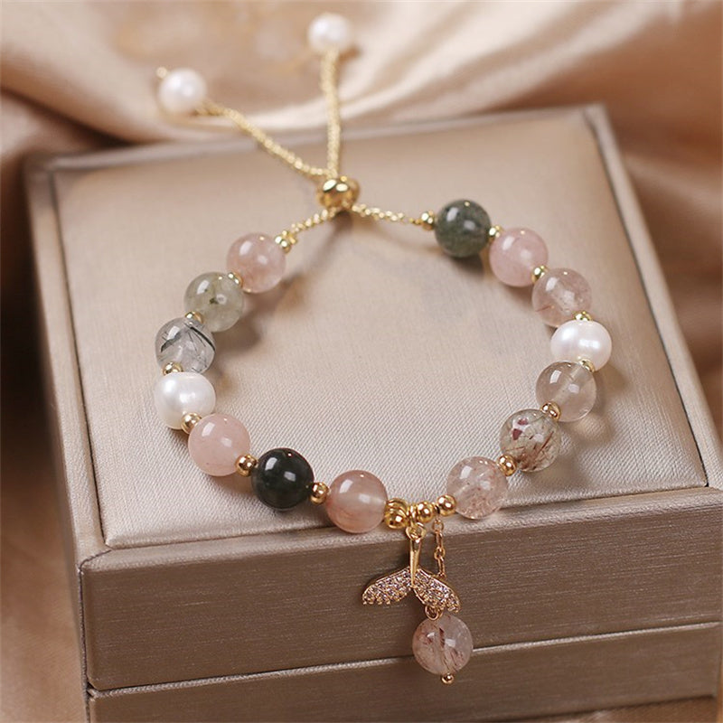 Pulsera curativa con dije de cola de pez de cuarzo rutilado de cuarzo fresa con Buddha Stones