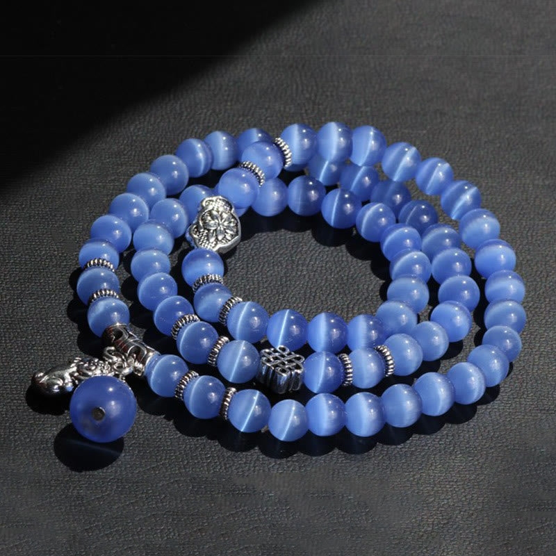 Pulsera de triple vuelta con soporte PiXiu de ojo de gato y Buddha Stones