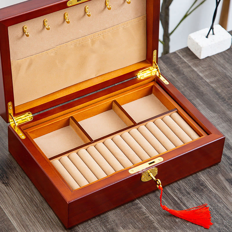 Caja de joyería de madera vintage con Buddha Stones, caja de almacenamiento de joyería de madera maciza de dos capas