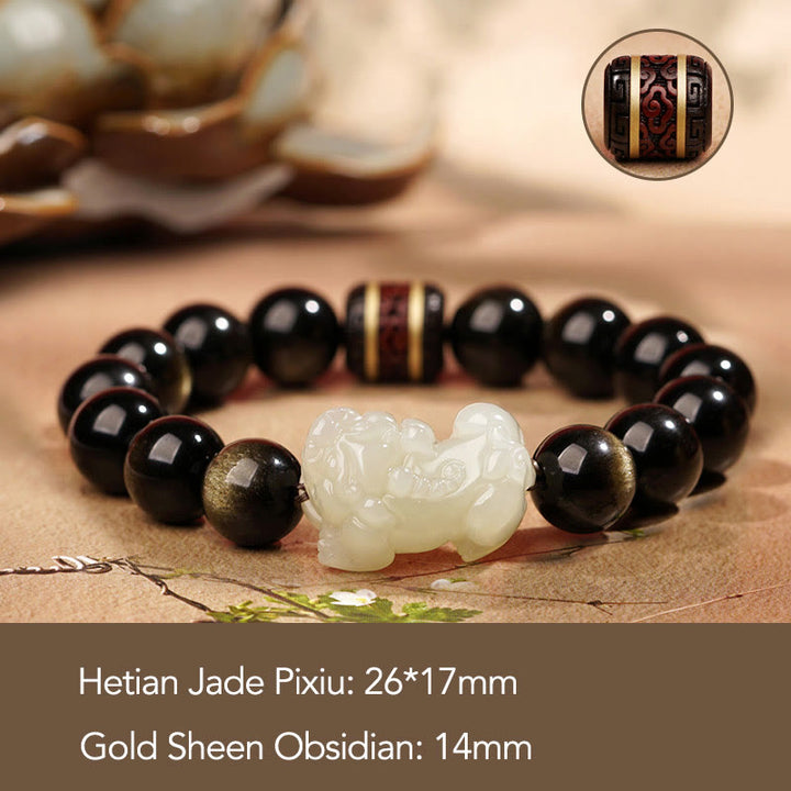 Buddha Stones Brillo de oro natural Obsidiana Hetian Cian Jade Blanco Jade PiXiu Pulsera de riqueza