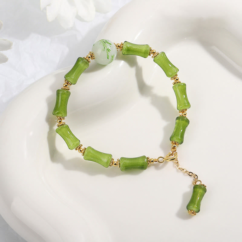 Pulsera de cadena de riqueza con Buddha Stones, patrón de bambú verde, cristal Liuli, ágata musgo
