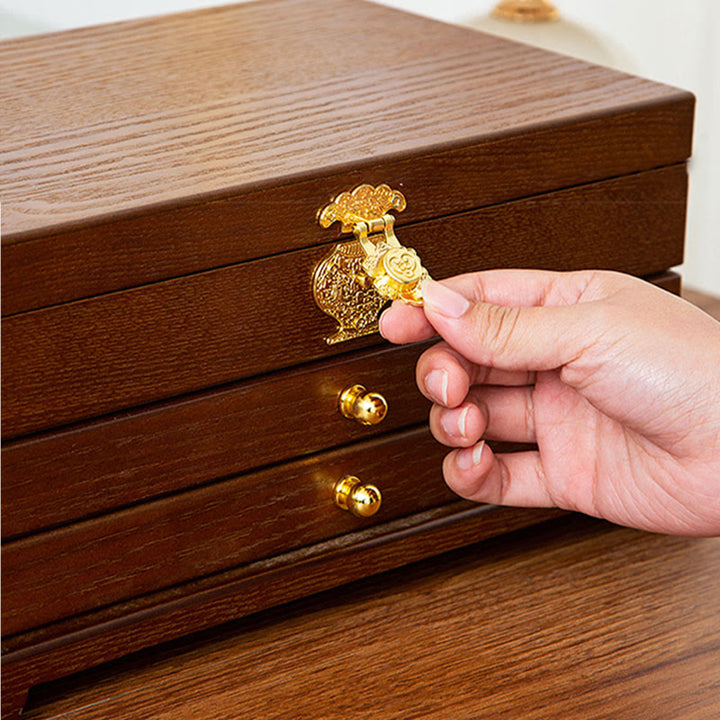 Caja de joyería de madera retro con Buddha Stones, caja de almacenamiento de joyas de tres capas