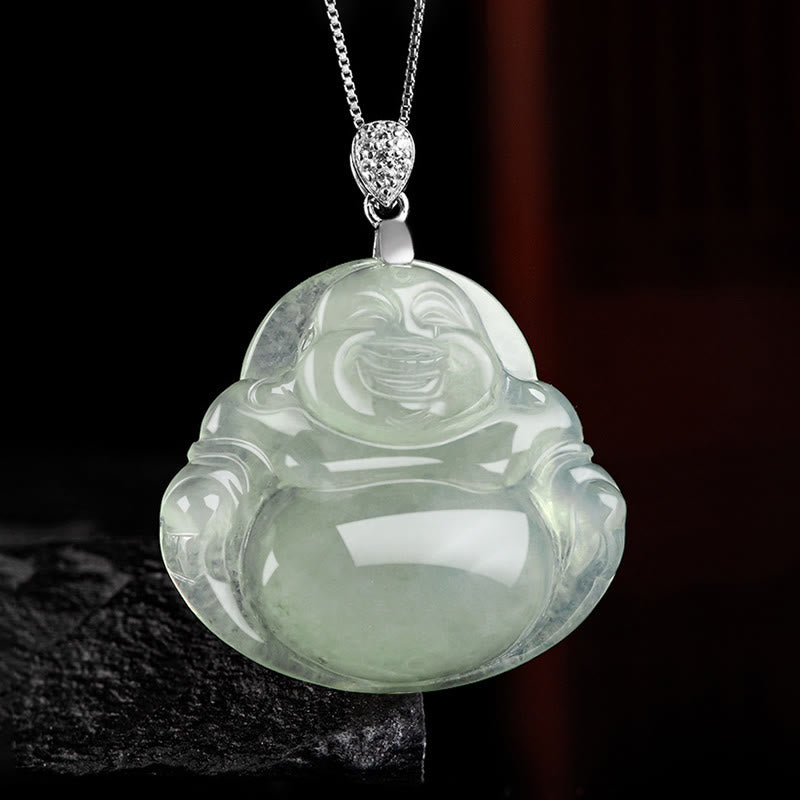 Buddha Stones Plata de Ley 925 Jade Natural Buda sonriente prosperidad abundancia cadena collar colgante