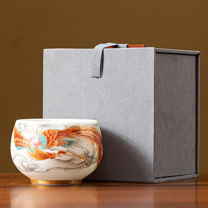 Taza de té de cerámica con caja de regalo, tazas de té de Kung Fu con Buddha Stones , dragón, Fénix, nubes propicias