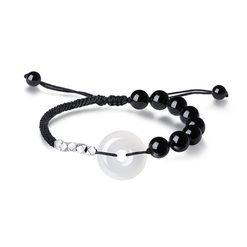 Pulsera de fuerza con hebilla de paz de ágata de obsidiana negra de plata de ley 925 con Buddha Stones