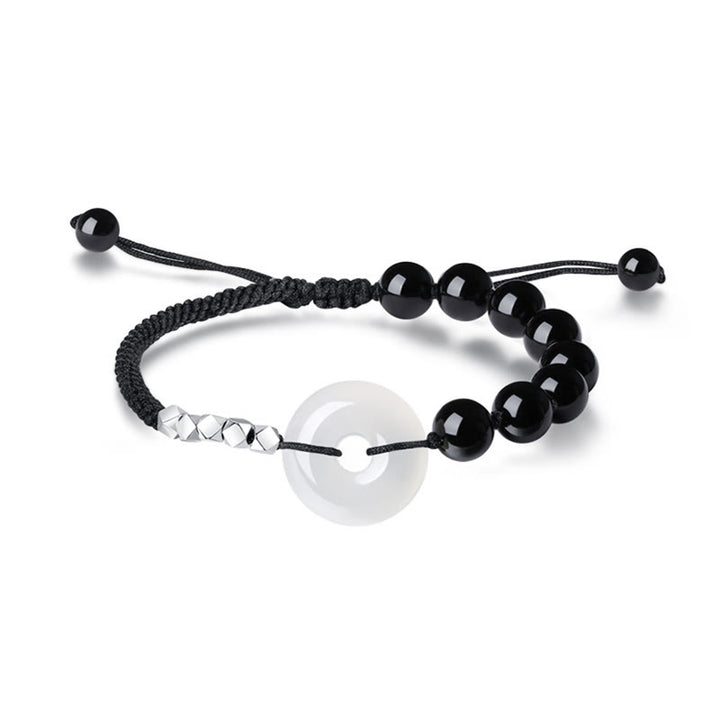 Pulsera de fuerza con hebilla de paz de ágata de obsidiana negra de plata de ley 925 con Buddha Stones