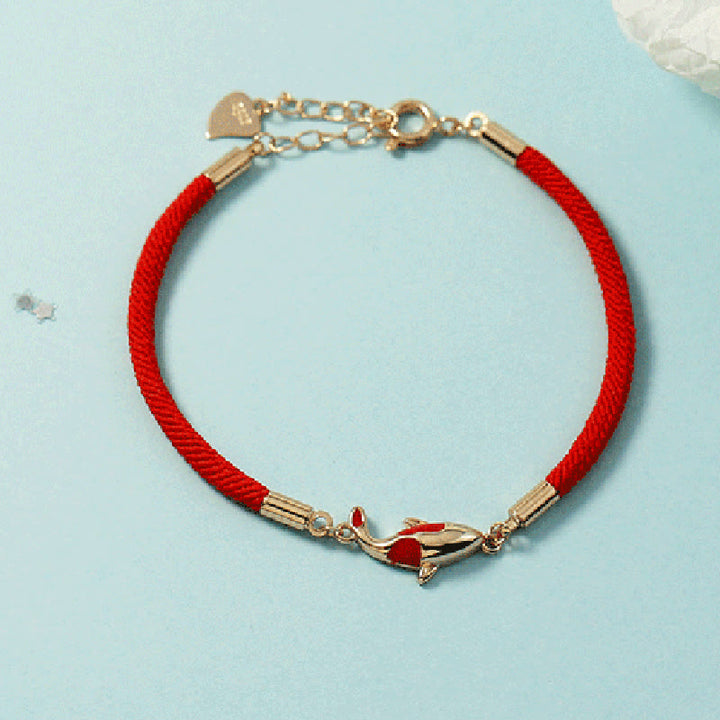 Juego de pendientes y pulsera de cuerda roja con colgante de collar de pez Koi de cobre con Buddha Stones