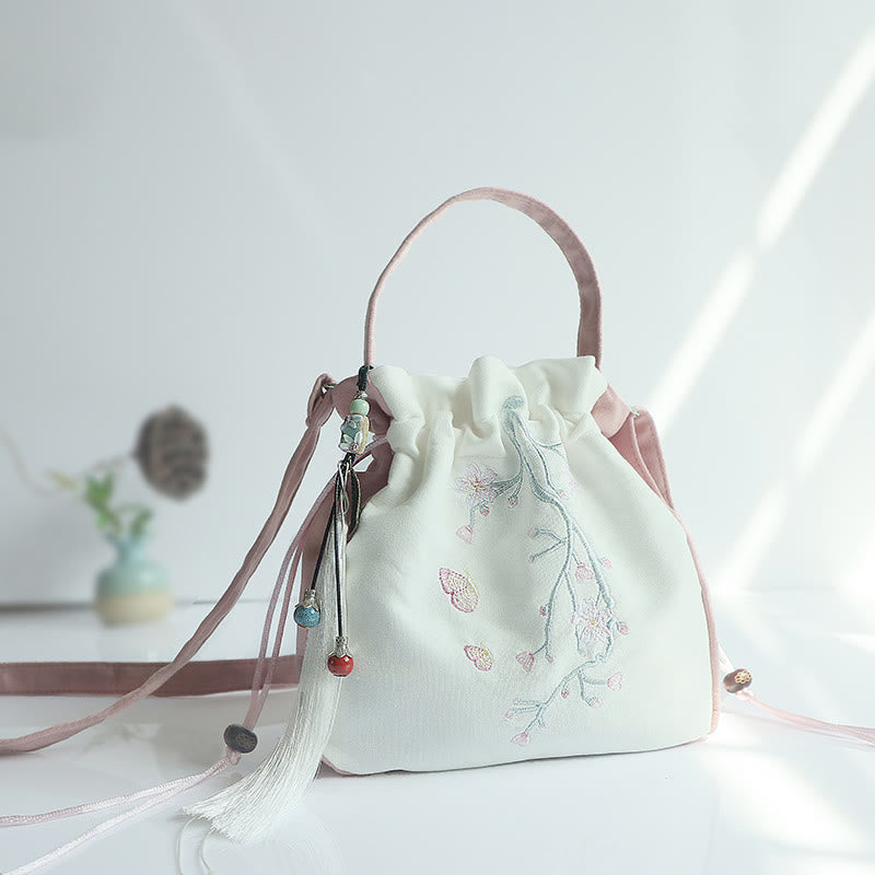 Bolso de hombro de lona con flores bordadas hechas a mano con Buddha Stones - Flor de cerezo rosa y blanca 20*20 cm - image 23