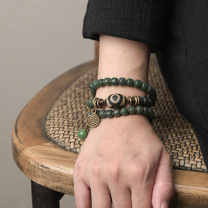 Pulsera triple de envoltura de paz de sabiduría de cuentas Dzi de semilla de Bodhi cian