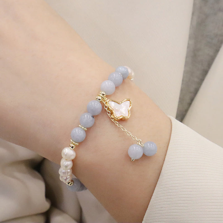 Pulsera con dije de mariposa y hoja de Ginkgo curativa con perlas de aguamarina naturales y Buddha Stones