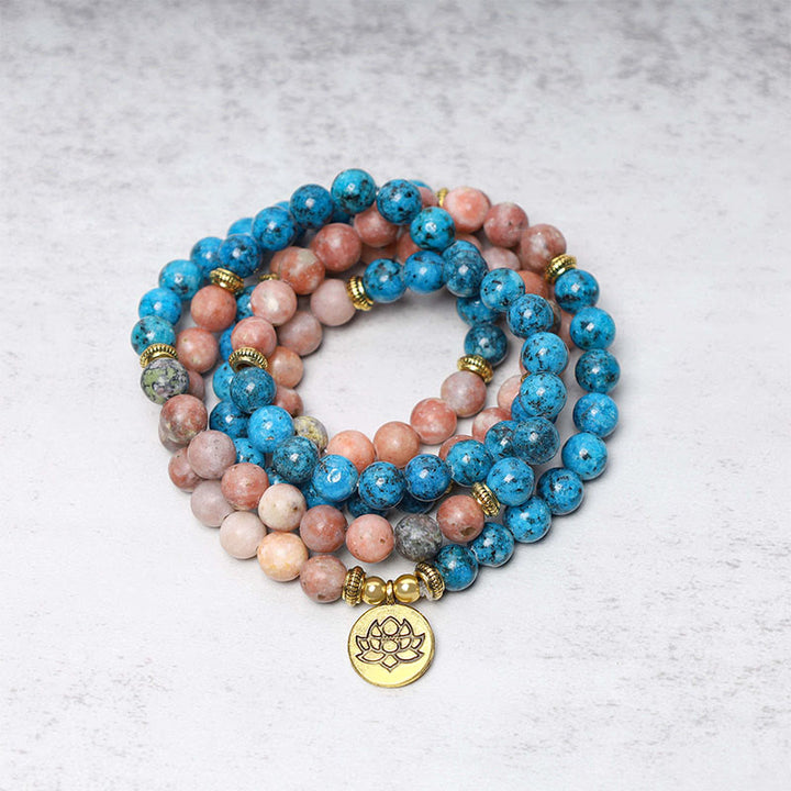 Buddha Stones 108 cuentas Mala apatita piedra roja loto meditación oración pulsera de cuentas