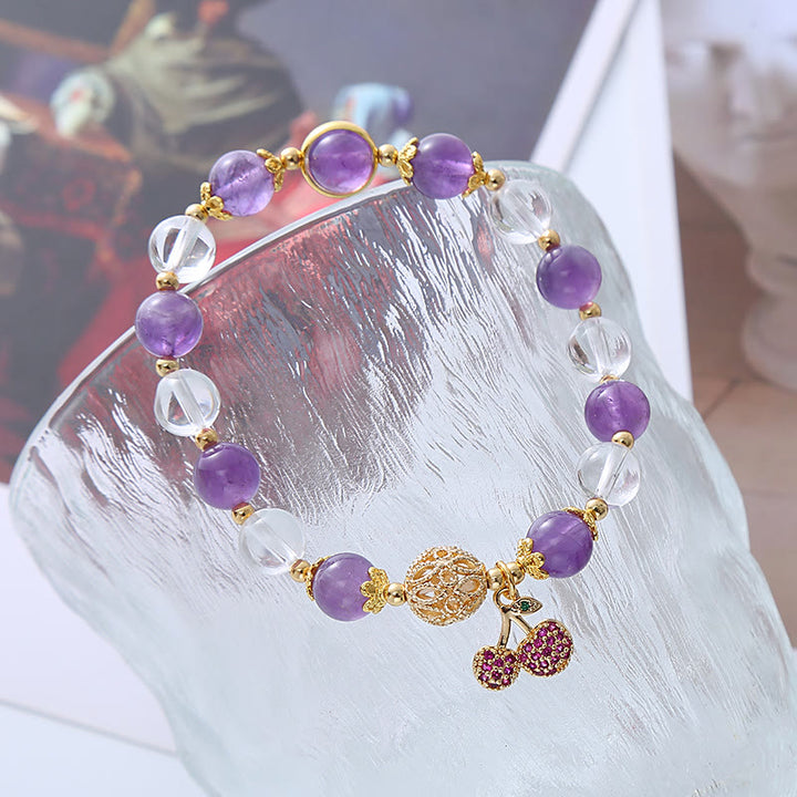 Pulsera con dije de cereza positiva de cristal blanco amatista natural con Buddha Stones