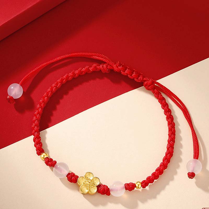 Pulsera de cuerda roja de la suerte con cuentas de calcedonia de cerezo y flor de melocotón de Plata de Ley 925 hecha a mano con Buddha Stones