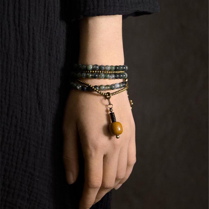 Pulsera multicapa de la suerte de cobre con ágata musgosa y Buddha Stones