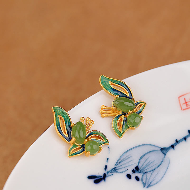 Pendientes curativos de la suerte de mariposa de jade cian natural chapado en plata de ley 925 con Buddha Stones