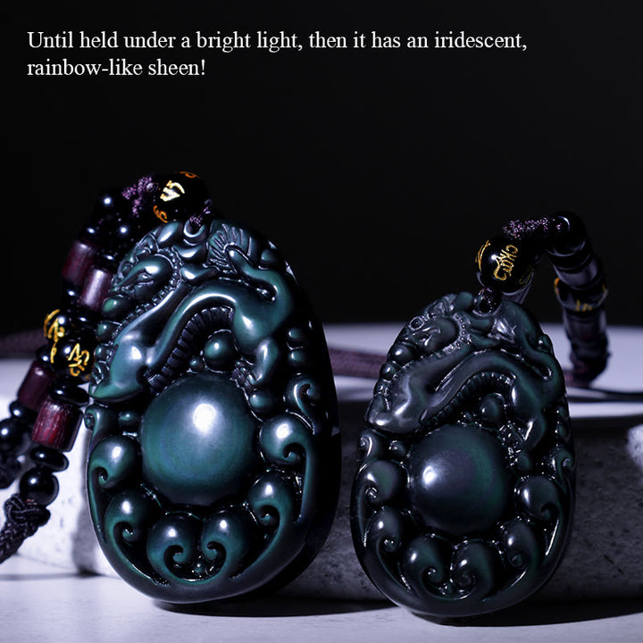 Collar PiXiu de obsidiana arcoíris positiva tibetana con Buddha Stones