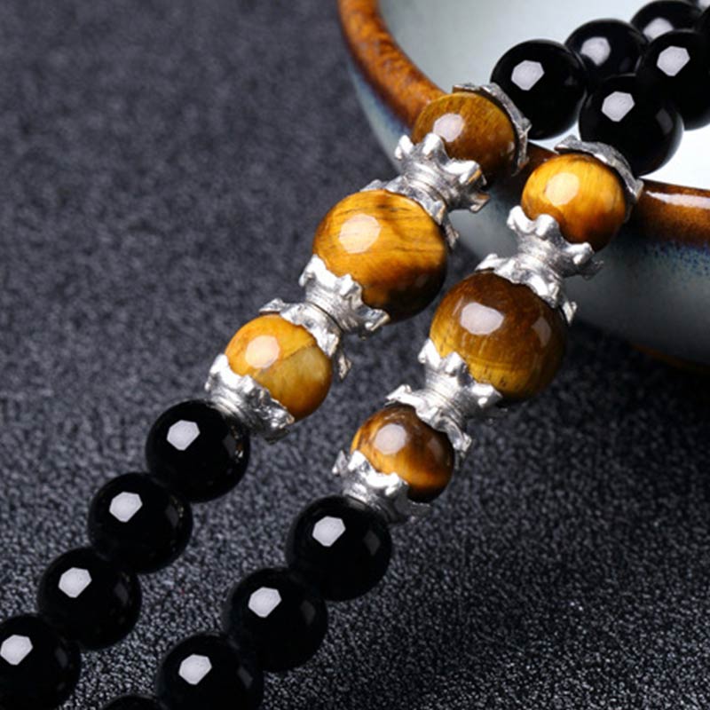 Pulsera Mala de ojo de tigre de obsidiana negra natural con 108 Buddha Stones