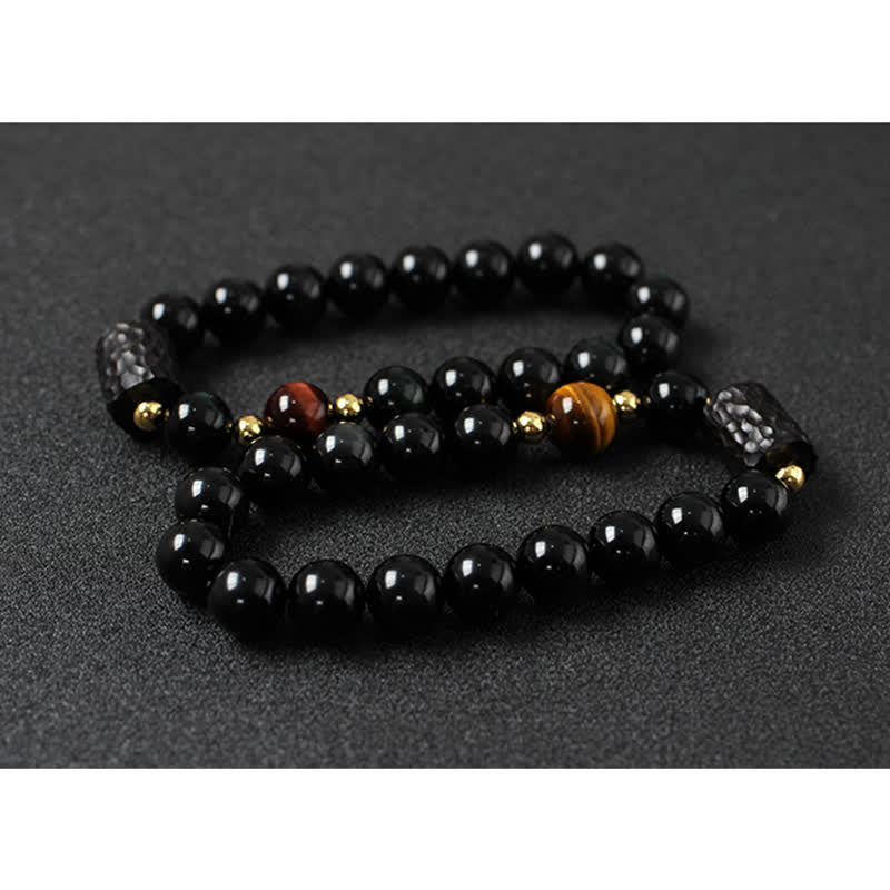Pulsera de pareja de fuerza de ojo de tigre rojo de madera de ébano de obsidiana negra