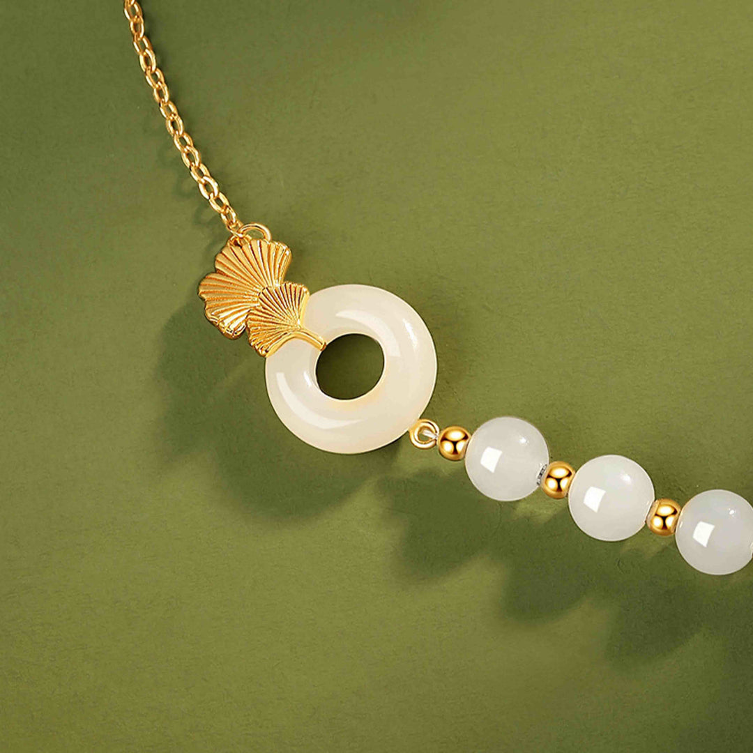 Pulsera de la suerte de hoja de ginkgo con hebilla de paz de jade blanco hetiano de plata de ley 925 con Buddha Stones - image 4