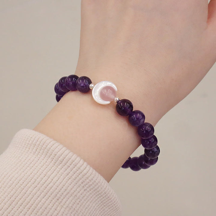 Pulsera de plata de ley 925 con Buddha Stones, amatista natural, aguamarina, cristal rosa, ojo de gato, luna creciente curativa