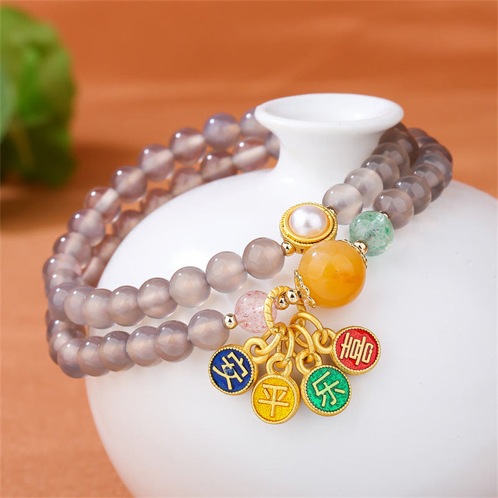 Pulsera de doble vuelta con dije de paz y alegría de ágata gris natural con Buddha Stones