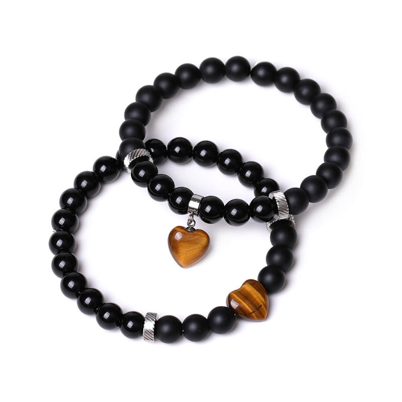 Buddha Stones 2 piezas de piedra de cristal de ónix negro amor protección del corazón pulsera de pareja