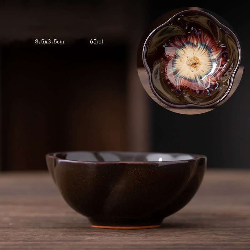 Tazas de té de cerámica con diseño de flor de melocotón y Buddha Stones