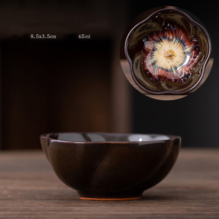 Tazas de té de cerámica con diseño de flor de melocotón y Buddha Stones