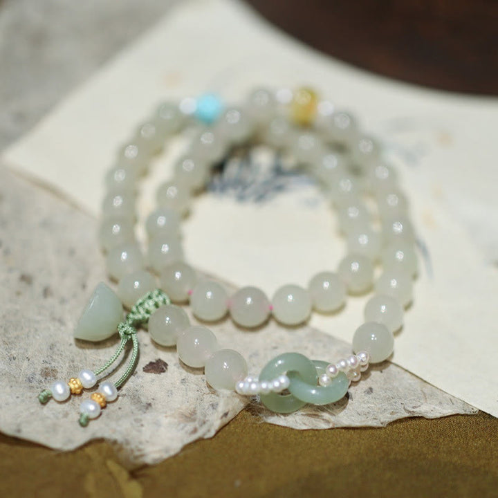 Pulsera de doble vuelta con doble hebilla de la paz y jade hetiano de plata de ley 925 con Buddha Stones