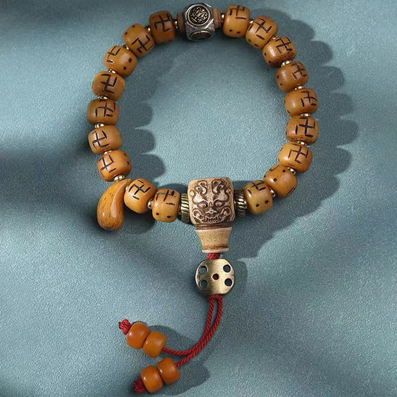 Buddha Stones, hueso de camello tibetano Natural, esvástica, cuentas Dzi, amuleto de Buda Shankha, Kirtimukha, pulsera con borla de protección de la suerte