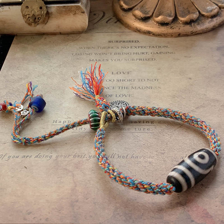 Pulsera trenzada de protección de cuentas Dzi hecha a mano Om Mani Padme Hum de plata de ley 925 tibetana