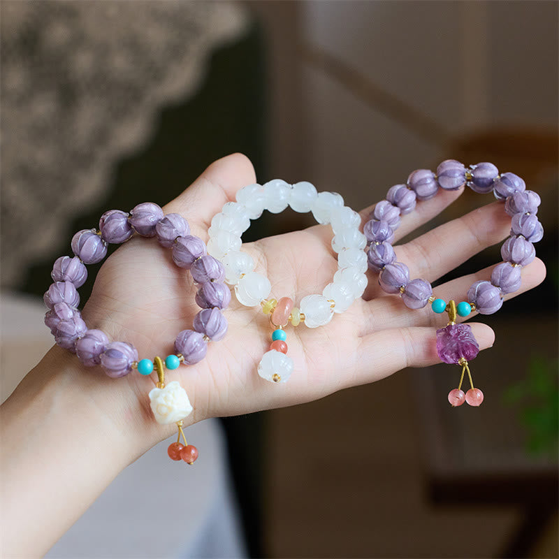 Buddha Stones Liuli cuentas de cristal diseño de loto fluorita marfil fruta bailando León encanto pulsera de iluminación