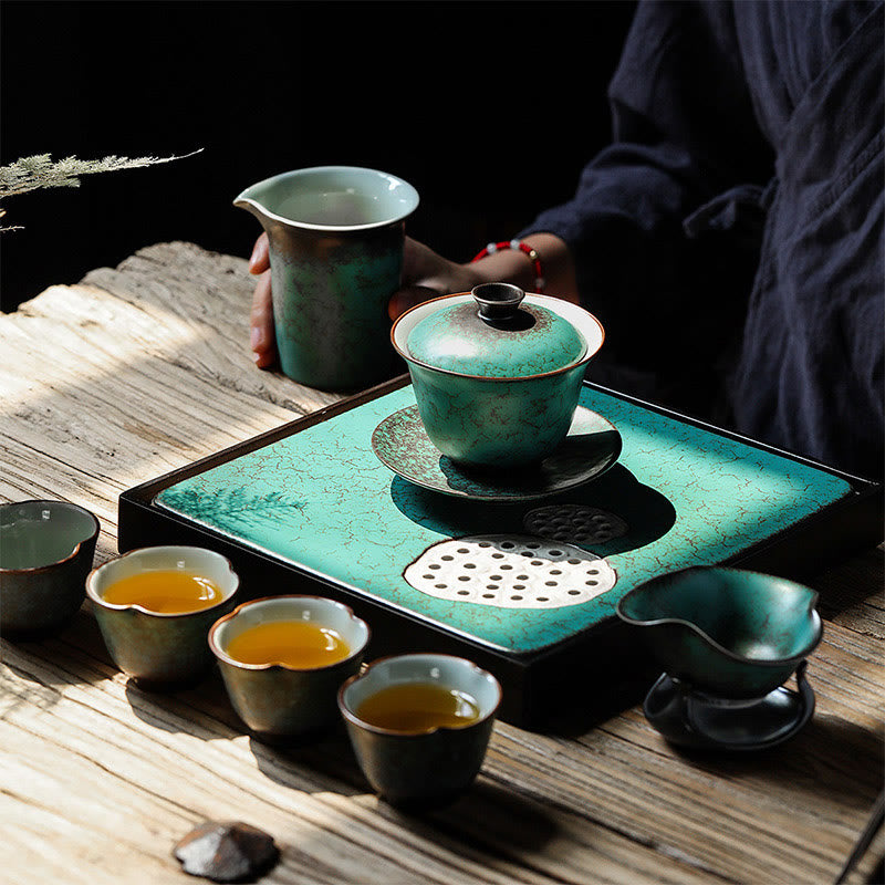 Taza de té y platillo de cerámica con esmalte verde Retro , Buddha Stones , Gaiwan Sancai, Kung Fu, con tapa