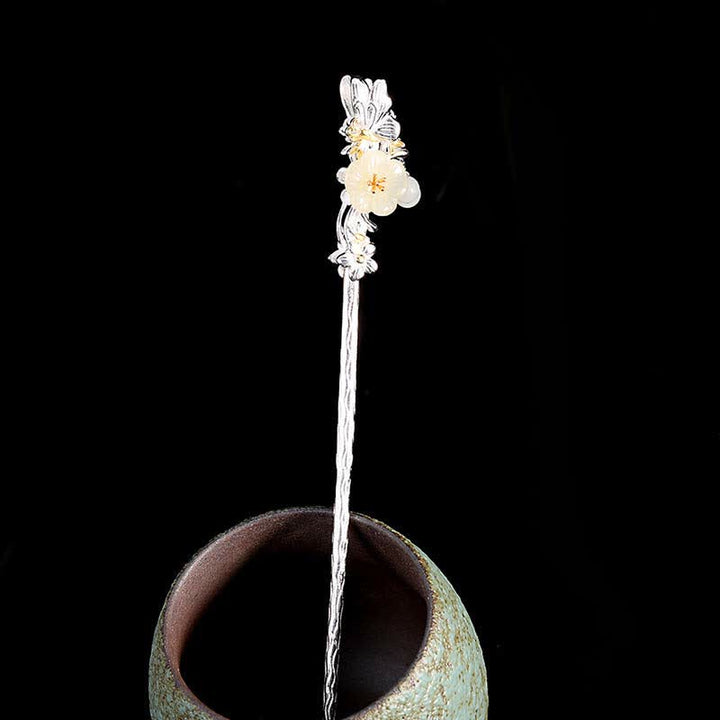 Horquilla de bendición de flor de jade blanco hetiano de plata de ley 925