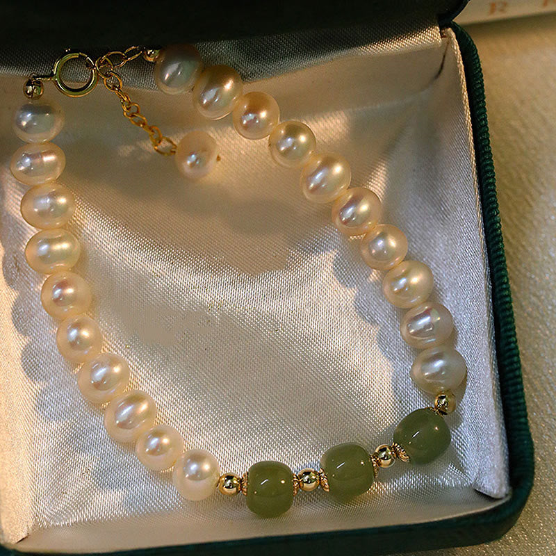 Pulsera de cadena de cuentas de sinceridad de jade blanco de jade cian hetiano con perlas naturales chapadas en oro de 14 quilates