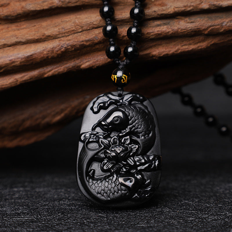 Colgante de collar con cuentas de fuerza de loto de pez Koi de obsidiana negra natural con Buddha Stones