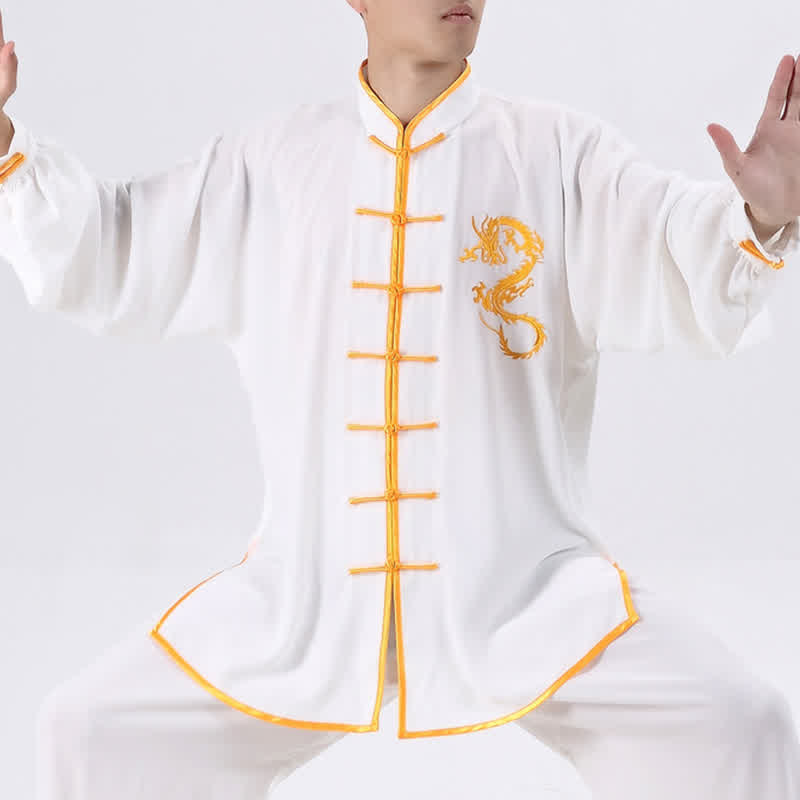 Conjunto de ropa unisex con bordado de dragón y Buddha Stones para práctica espiritual de Qi Gong, meditación y oración.