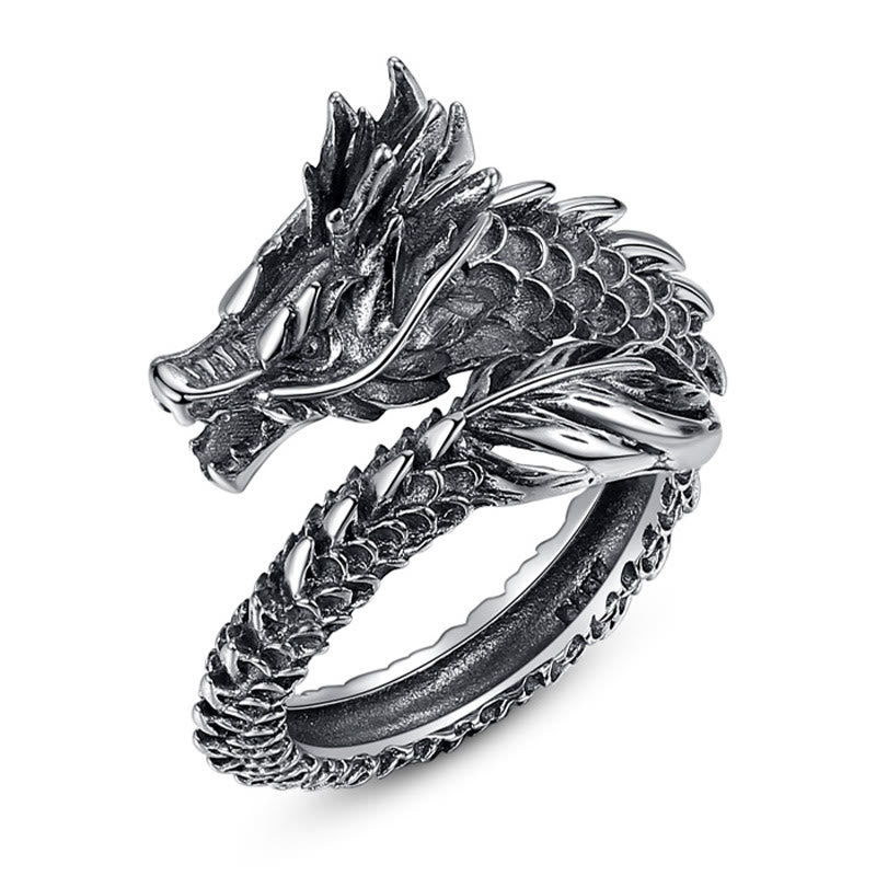 Anillo ajustable de plata de ley 925 con Buddha Stones , diseño de dragón vintage, protección del éxito, fuerza