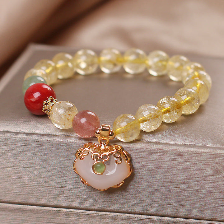 Pulsera con dijes de protección de cuarzo, fresa, jade blanco, citrino natural, Buddha Stones