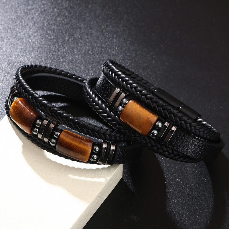 Pulsera de cuero multicapa con hebilla magnética y ojo de tigre con Buddha Stones