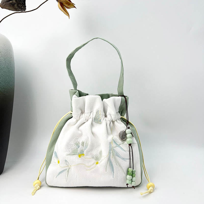 Bolso bandolera con Buddha Stones, bordado, mariposa, loto, magnolia, algodón y lino