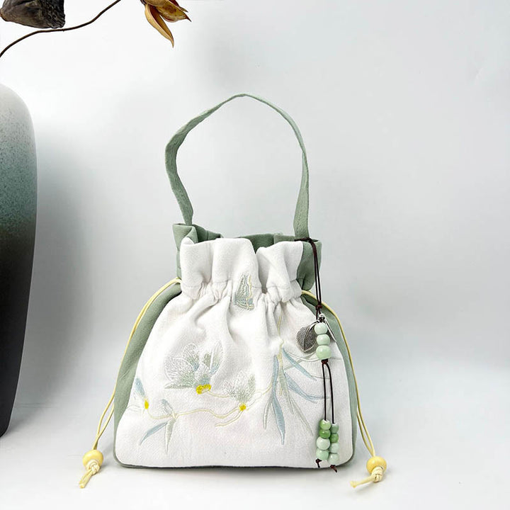 Bolso bandolera con Buddha Stones, bordado, mariposa, loto, magnolia, algodón y lino
