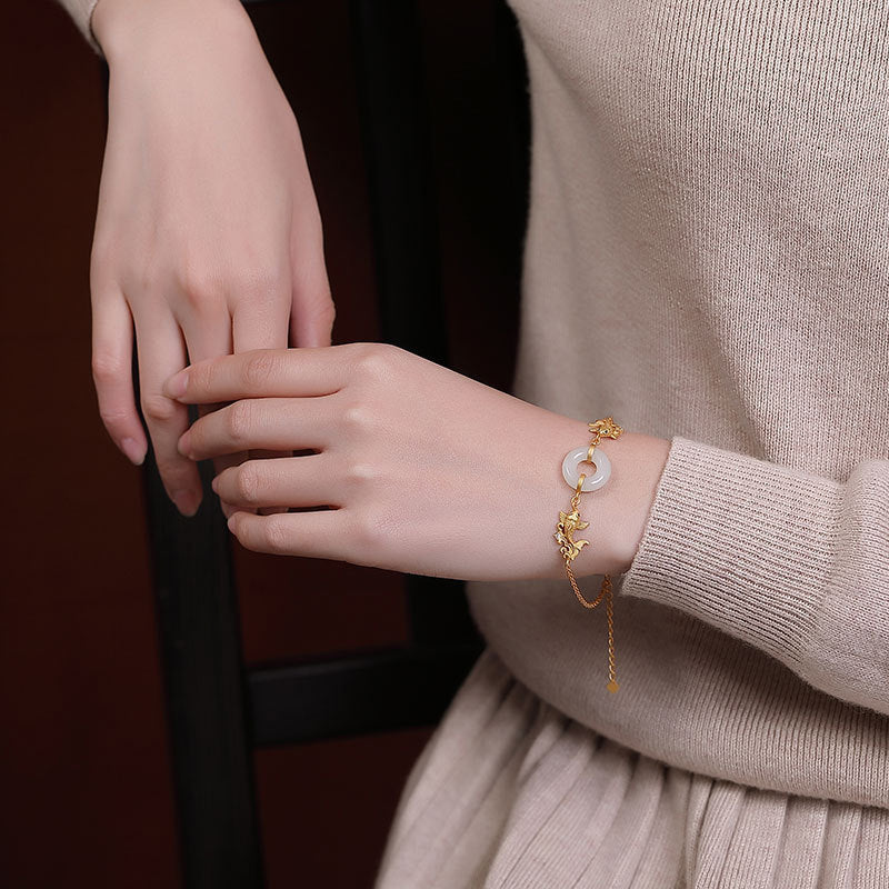 Pulsera de prosperidad de pez koi de jade blanco con Buddha Stones