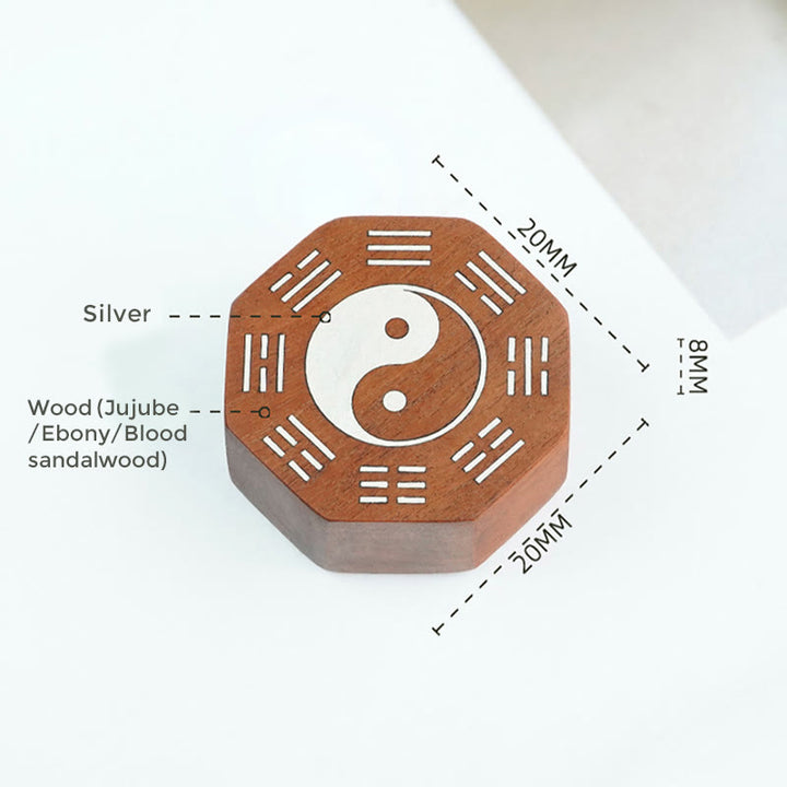 Buddha Stones hoja pequeña sándalo rojo madera de azufaifo madera de ébano plata con incrustaciones Yin Yang Bagua pulsera de protección de cazo grande