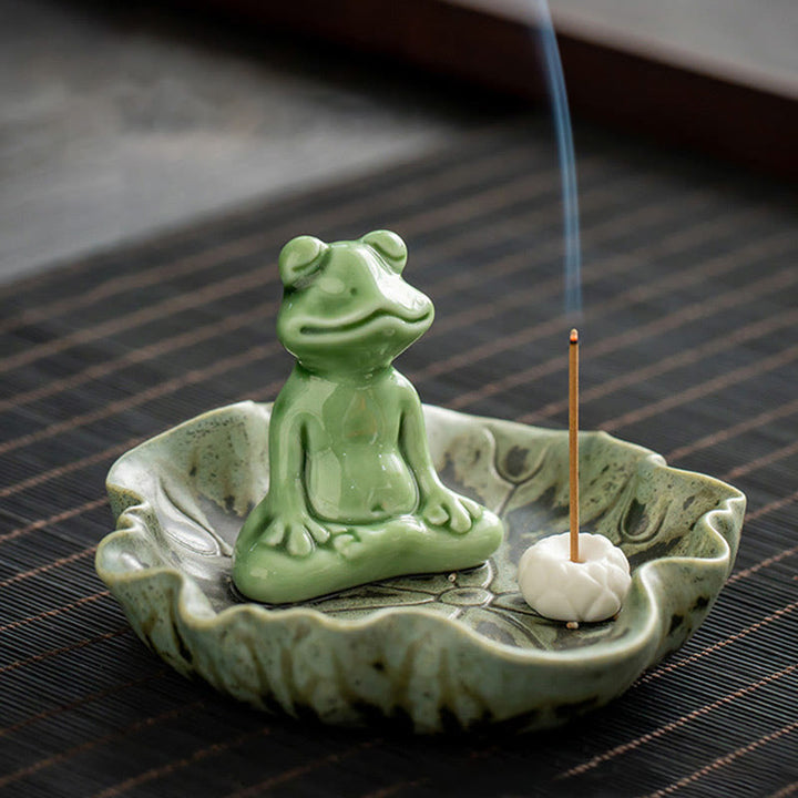 Quemador de incienso de cerámica curativo con patrón de rana para meditación de hojas de Buddha Stones, decoración