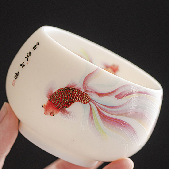 Taza de té de cerámica de porcelana blanca, pez Koi, Buddha Stones, taza de té de Kung Fu