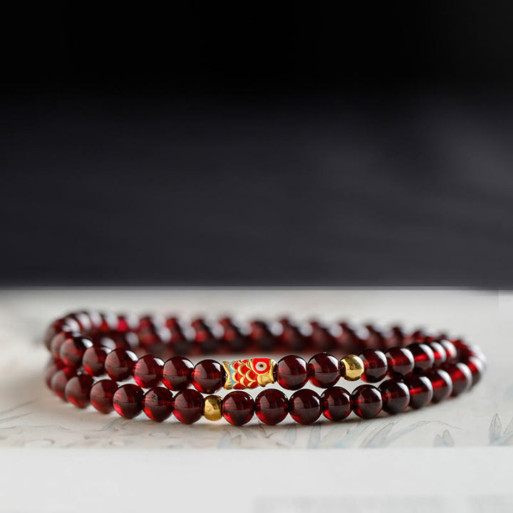 Pulsera de protección con granate natural y pez Koi de oro 999 de Buddha Stones - Pulsera de doble vuelta con pez koi dorado y granate de 5 mm - 17 centímetros - image 13